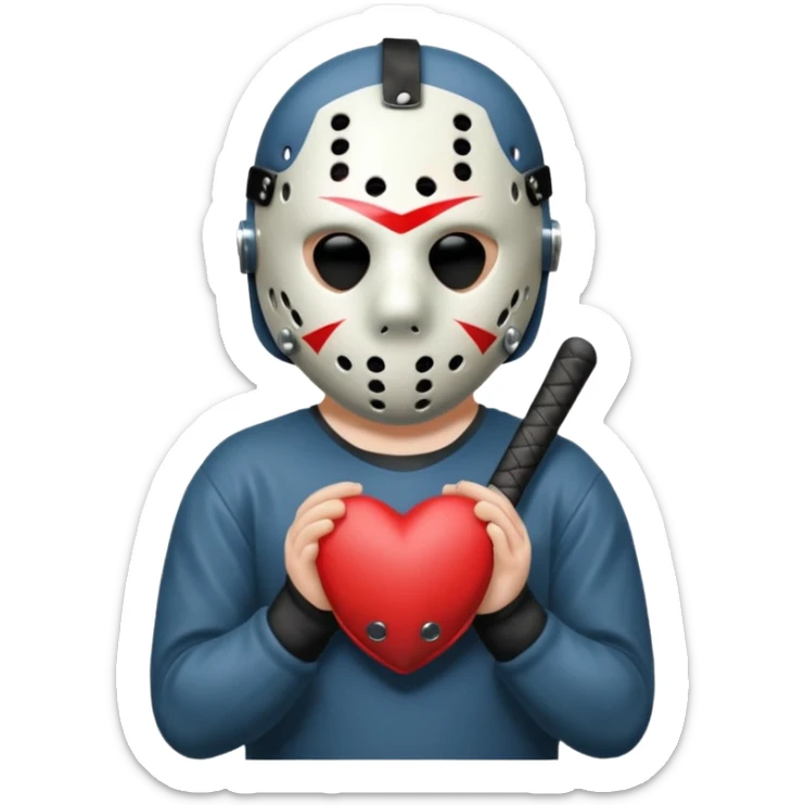 a cartoon image of Jason Voorhees, looking cute, with his hands clasped in front of him, at a sideways angle, looks like he is in love sticker