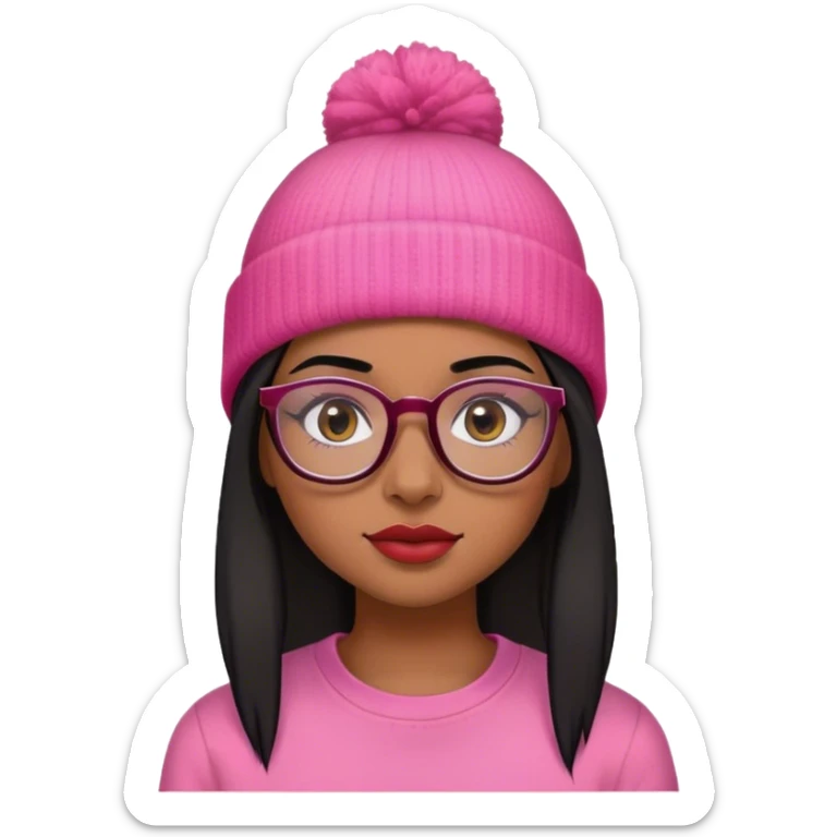 Brown girl with black straight hair wearing  pink beanie and red shirt with natural looking makeup and glasses  sticker