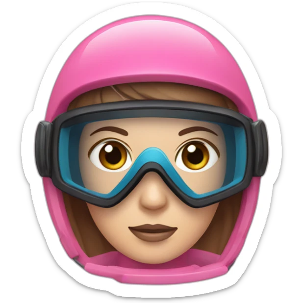 a woman with a scuba diver gear. pink scuba diver mask, with blues eyes inside. brown largue and straight hair sticker