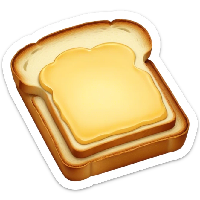 Cinematic warm toasted bread, golden-brown edges, butter melting into the surface, slightly crispy texture, simple and comforting, warm glowing background, inviting and homely. sticker