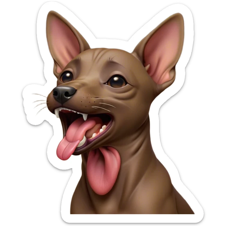 Cinematic Cute Yawning Xoloitzcuintle dog Portrait Emoji, Head tilted slightly with a dramatic, wide-open yawn, showcasing smooth, hairless ebony skin with gently relaxed wrinkles and floppy ears slightly drooping, round dark eyes barely open in drowsy contentment, Simplified yet irresistibly adorable features, highly detailed, glowing with a soft, cozy glow, high shine, relaxed yet expressive, stylized with a touch of whimsy, bright and endearing, soft glowing outline, capturing the essence of a sleepy yet affectionate guardian, so drowsy it feels like it could stretch out of the screen and curl up for a nap! sticker
