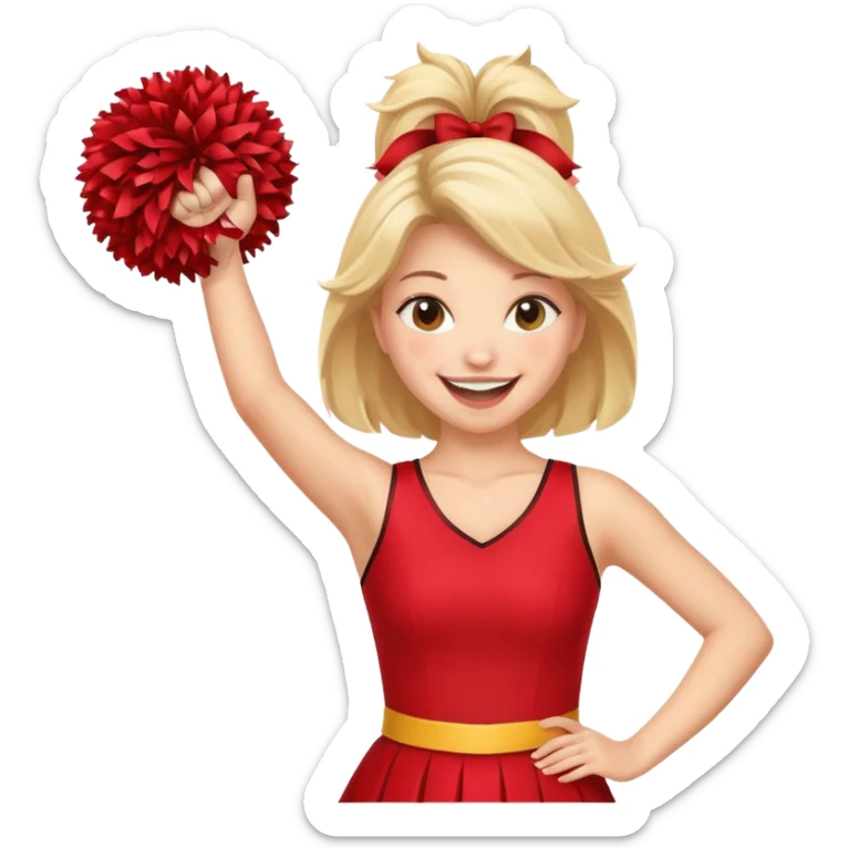 football cheerleader, holding big cheering pom, red dress sticker