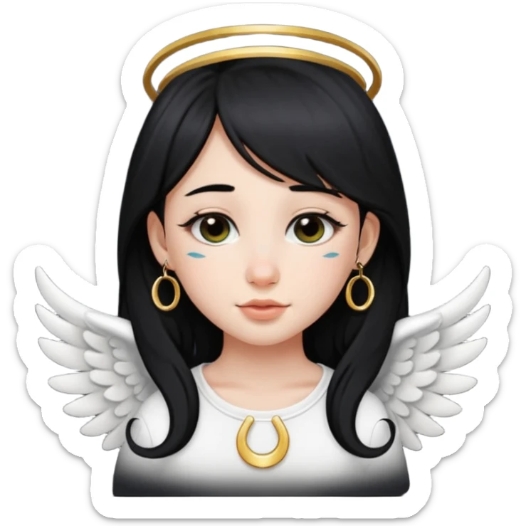 stworz emotke jak z iphone dziewczyna aniol jasna cera i czarne włosy i kolczyk w nosie ten krowi tylko że podkowa czarna  sticker