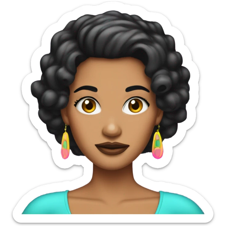 Tanned woman with black hair dressed in 1990s pop princess hair, makeup, and neon attire  sticker