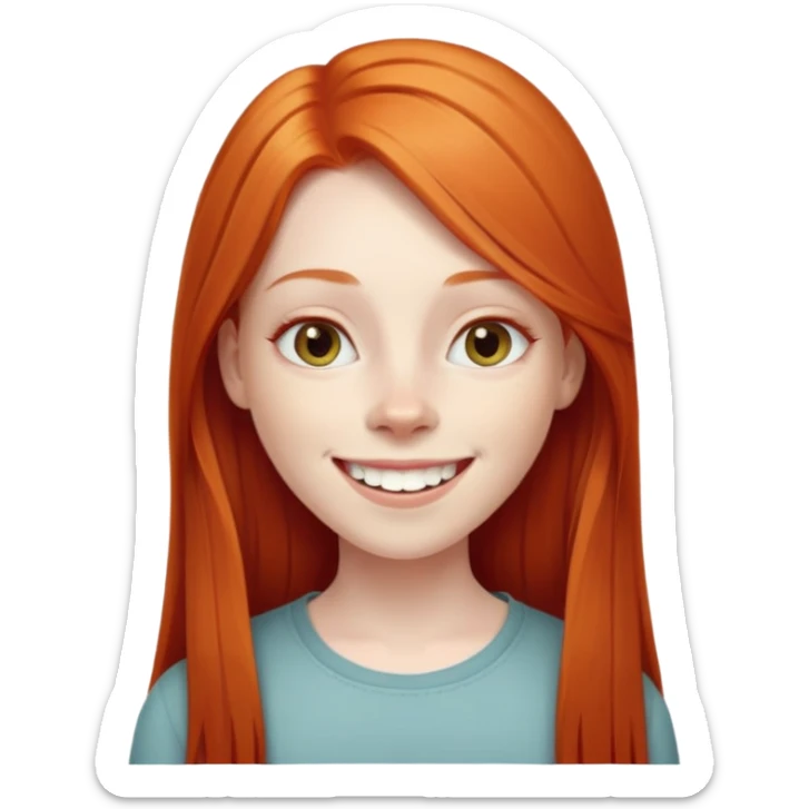traditional emoji of young girl with very pale skin, long straight bright ginger red hair, elongated oval face, normal-sized human eyes positioned naturally, wide nose, friendly big smile with very large prominent teeth, less intense expression sticker