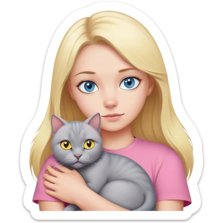 A blonde with blue eyes in a pink T-shirt hugs her big grey British cat with yellow eyes sticker