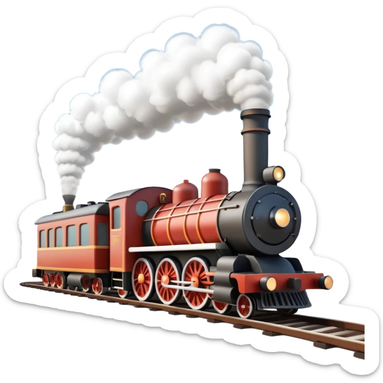 A 3D cartoon steam train puffing clouds of white smoke from its chimney, outdoor scene, warm sunlight, realistic Memoji-style. sticker