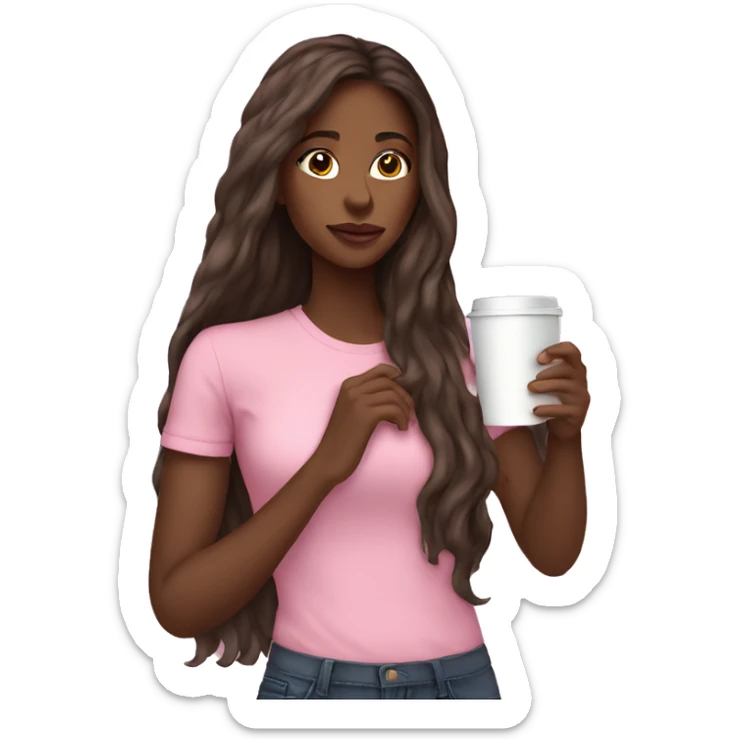 Very long hair pretty brown girl sipping coffee pink shirt sticker