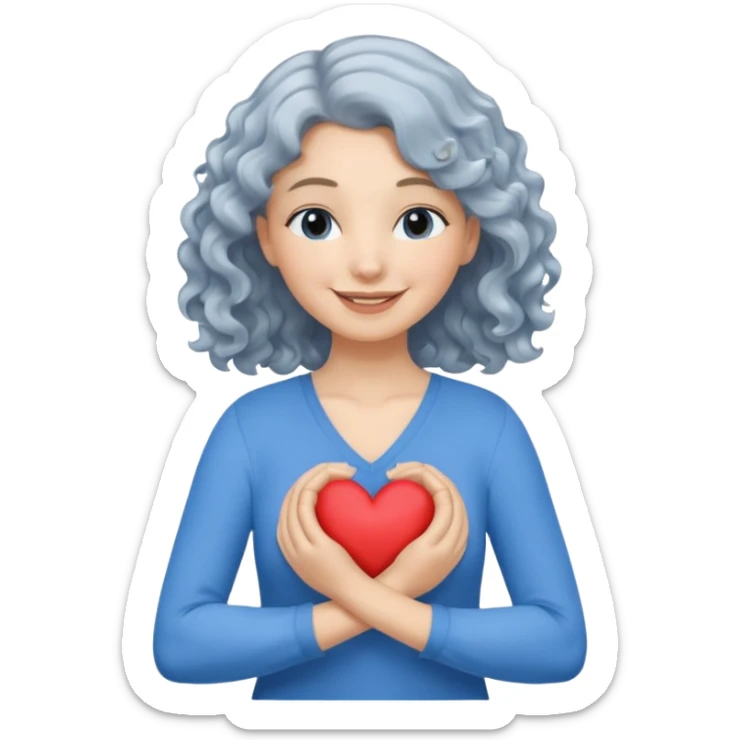 Silver, wavy/curly hair chin-length lady giving hug with 2 arms, blue v-neck and smiling, add a heart, not blue hair sticker