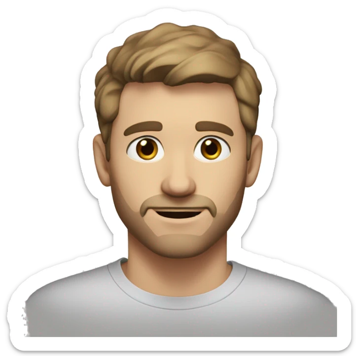 A head and shoulders shot of a 32 year old White man, with short brown hair, with none facial hair,   with brown eyes wearing a t-shirt. sticker