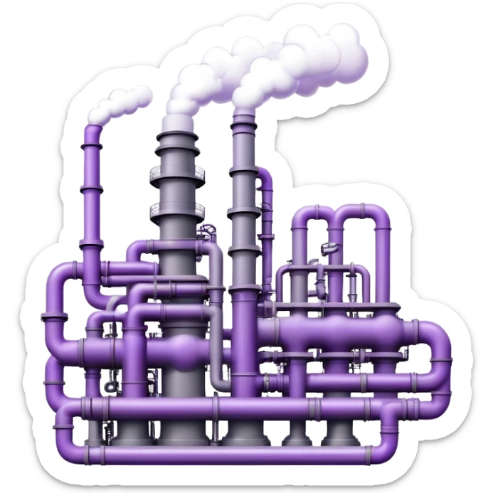 An emoji of an industrial factory in realistic gray tones, with pipes and smokestacks. Instead of smoke, soft neon violet bubbles flow out, symbolizing AI power and efficiency sticker