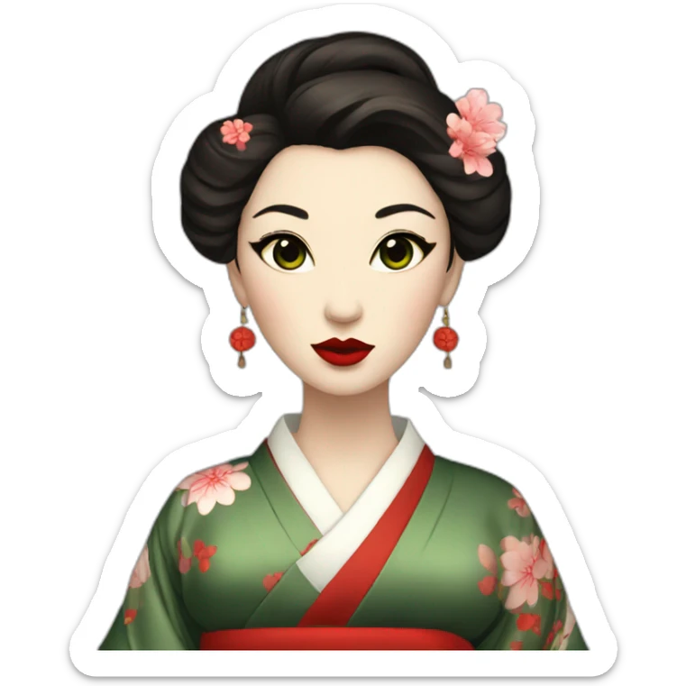 woman dark Brown hair dark Green eyes red lips geisha sticker