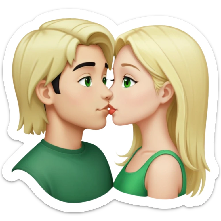 Kissing couple of boy with short black hair and green eyes and blonde girl with long hair sticker