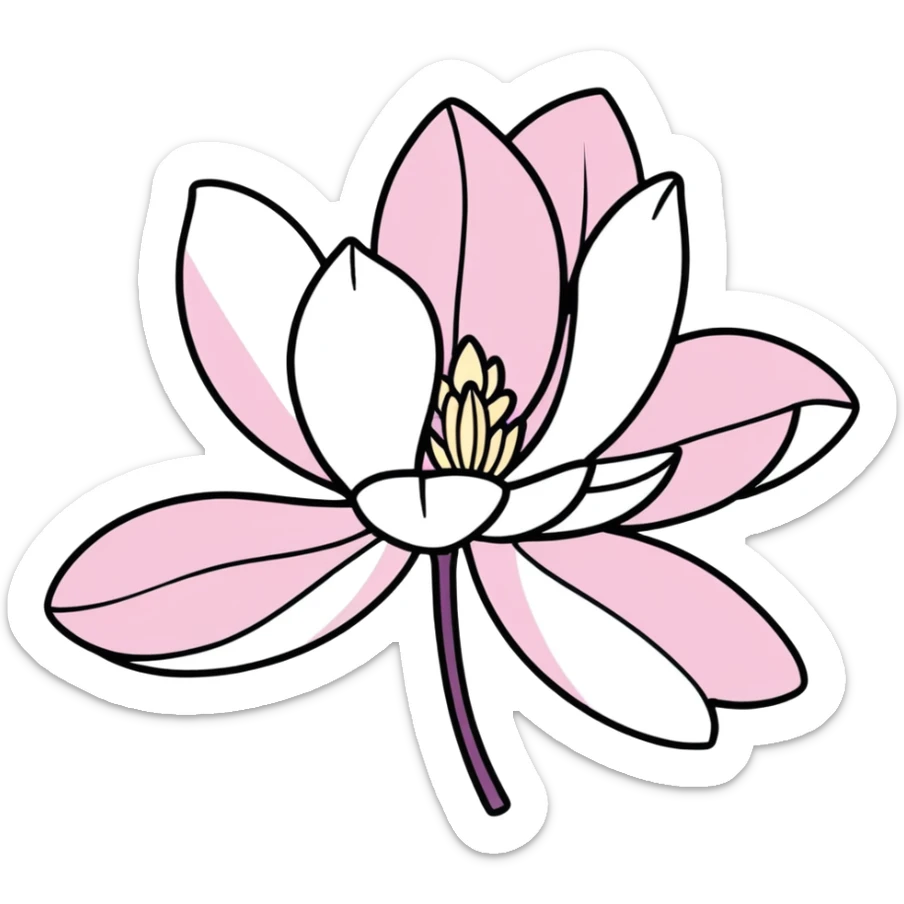 close-up of blooming magnolia flower with soft overlapping petals in shades of white pink and a hint of purple against a blurred natural background sticker