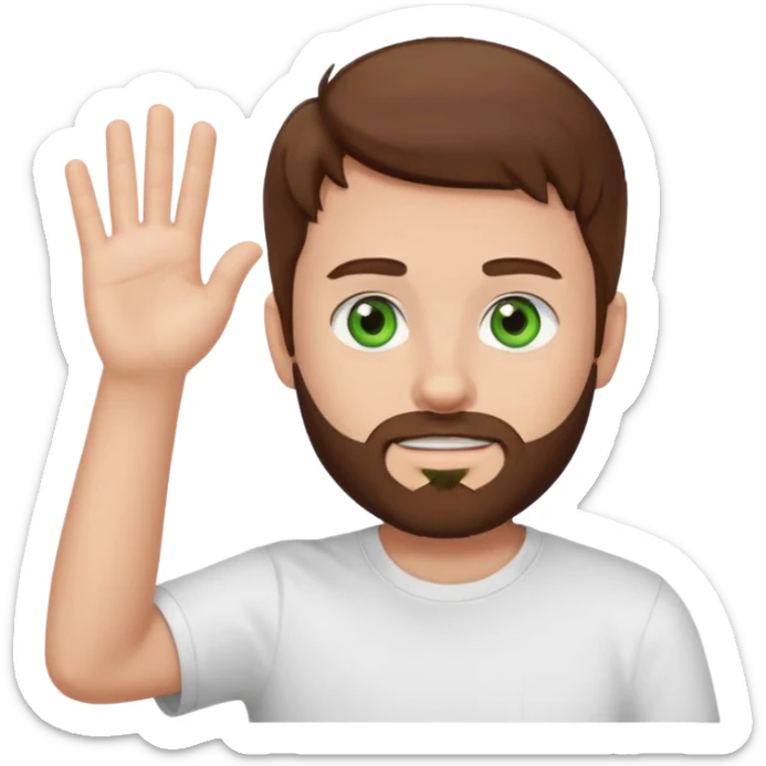 boy with brown hair, green eyes, trimmed beard, white t-shirt, waving sticker