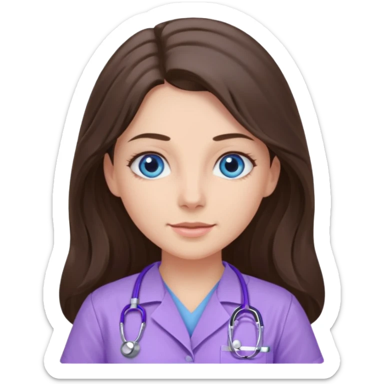 pretty brunette nurse with long hair and blue eyes in lilac scrubs sticker