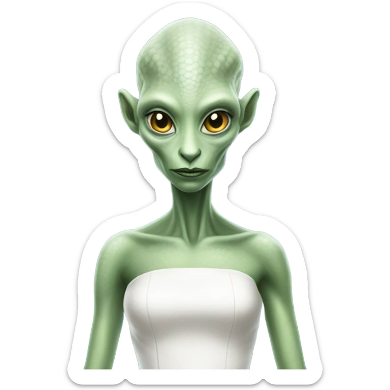  a Reptilian alien woman, in white dress, in front of his house sticker
