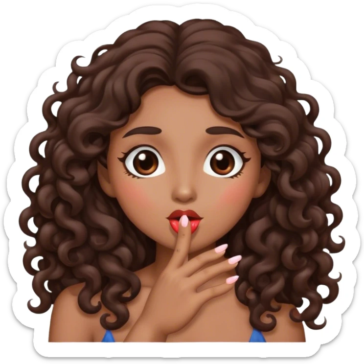 Brown woman with dark brown long curly hair blowing a kiss  sticker