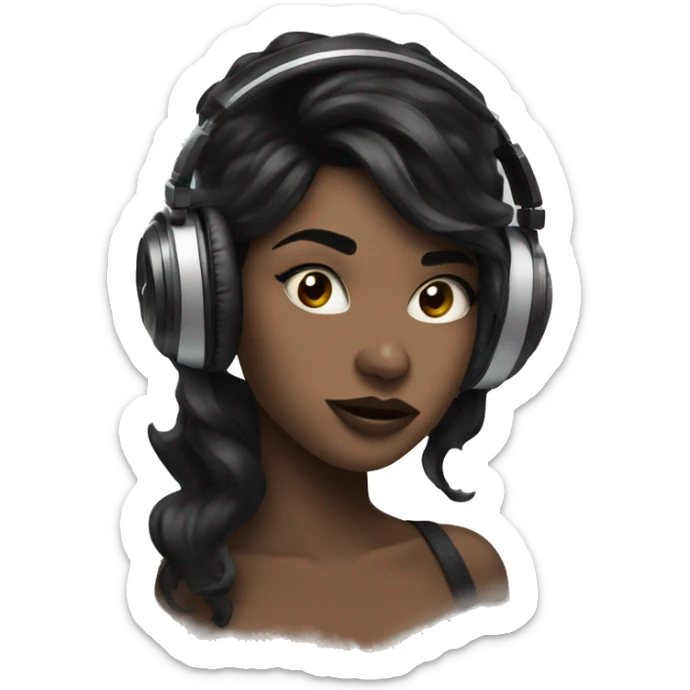 A girl with black hair with wind blowing through her hair listening to music with wire headphones and nude lipstick on sticker