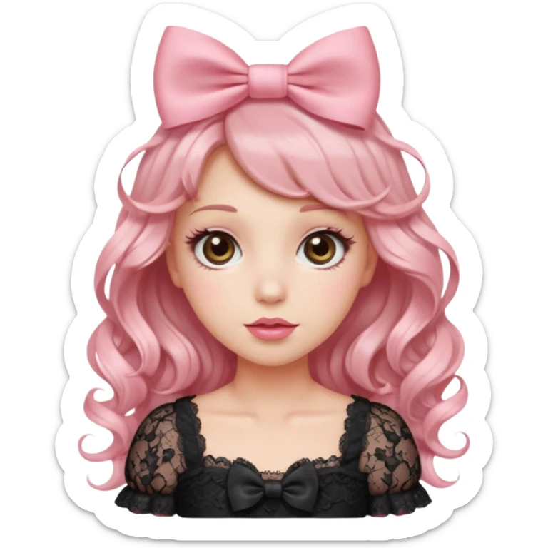 “Emoji girl, doe eyes, long fluttery lashes, soft pink blush, glossy rose lips, ribbon hair bow, romantic curls, wearing lace top.” sticker
