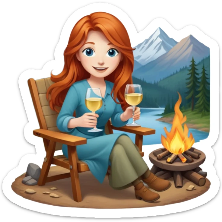 Happy redhead with long hair and blue eyes holding white wine sitting in chair campfire sticker