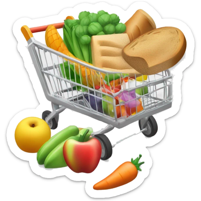 Create a simple 3D color illustration of the emoji 🛒, depicting a grocery cart filled with various items like fruits, vegetables, and bread, on a pure white background. Ensure the design includes all elements typical to the emoji's representation. sticker