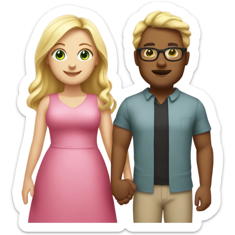 Curvy woman with long blonde hair and green eyes wearing a pink dress and holding hands with a brown man with short black hair and glasses sticker