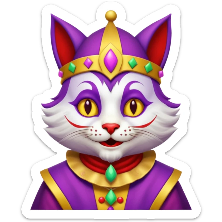 crazy colorful cute little cat jolly joker from poker, medieval, vintage, court jester, mac os icon, purple, yellow and red color, half body sticker
