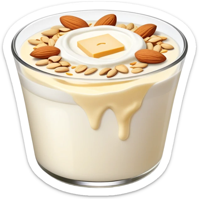 A glowing white leg bone in the center, surrounded by floating calcium-rich foods: yogurt, shredded cheese, almonds, and sesame seeds. All items are floating and slightly shining, arranged in a circle around the bone. sticker