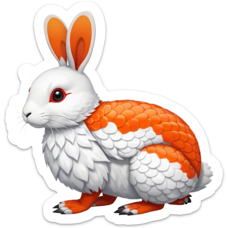 Rock Ptarmigan-Snowshoe-Hare-Koi-Fish-Pokémon-Fakémon-Animal-hybrid, full body, with red marking over eye sticker