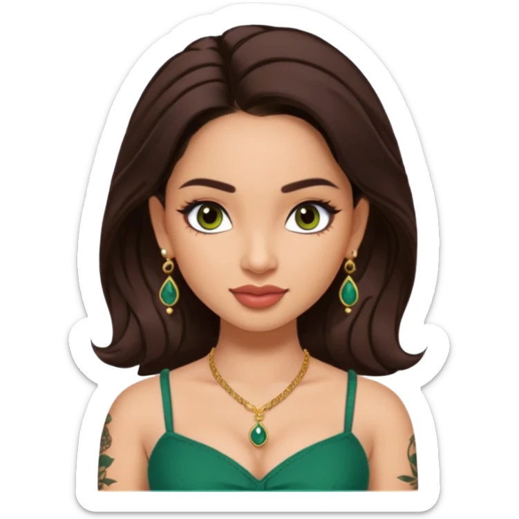 pretty bratz genmoji that looks like tamannah bhatia (bollywood actress), wearing a dark green sweetheart neckline top, dark brown hair, light makeup, no necklace, dangly earrings, side hair part, dark brown eyes, with full tattoos sticker