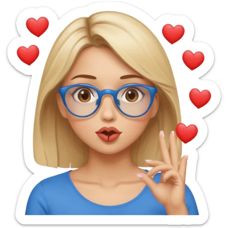 Asthectic Blonde women with her hair up, brown eyes, blue glasses, waering a brown top, blowing a kiss with hearts around her. sticker