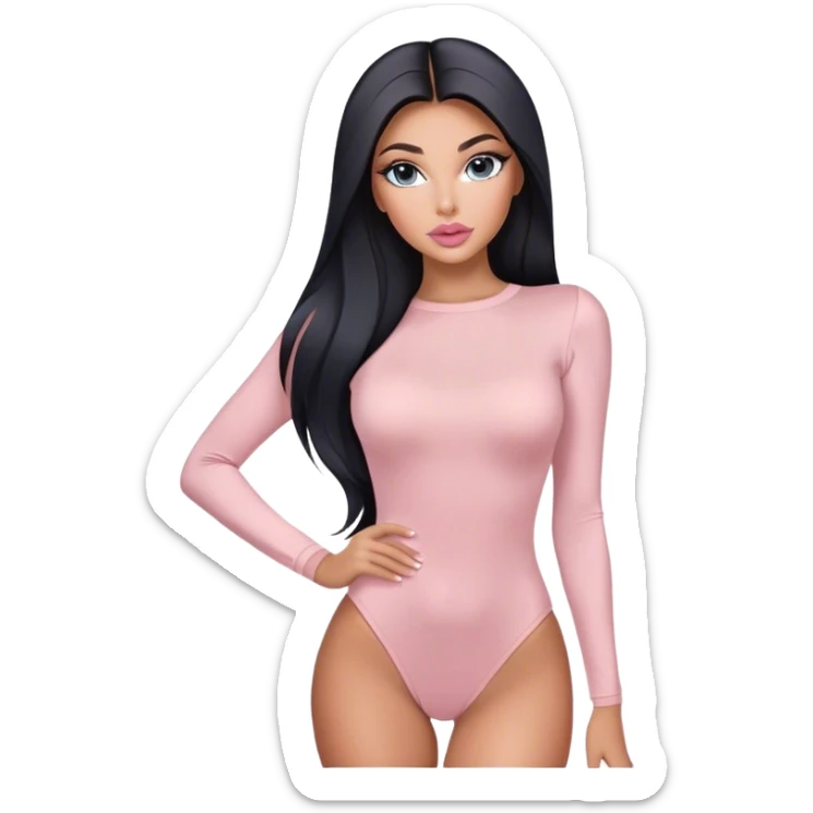 Glamours, tanned, very beautiful girl, with big pump peach-beige-rose lips, long long lashes, black straight smooth silky long hair, straight parting hair, blue-grey eyes in light pink long-sleeves bodysuit sticker
