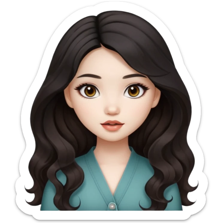 pale skin, girly bratz ASIAN vietnam baddie, beautiful dark brown eyes, pretty makeup, long black to light brown ombré wavy hair sticker