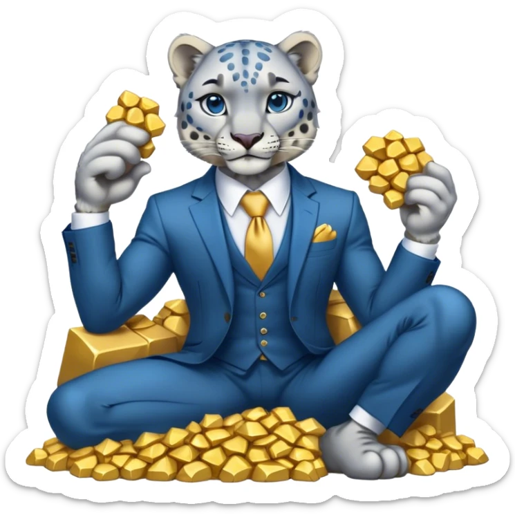 muscular snow leopard in suit with blue tie sitting on pile of gold nuggets sticker