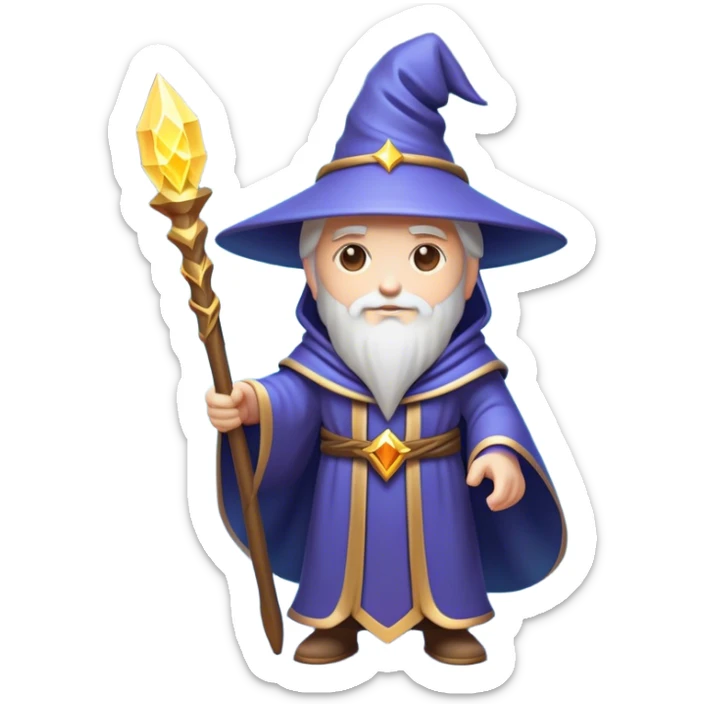 Clash of Clans aesthetic: Cinematic heroic powerful Wizard Hero Emoji, rendered in a 3D vector-style similar to standard emojis with minimal shading and bold, simplified shapes. A compact, isometric figure draped in flowing enchanted robes and wielding a mystical staff, softly glowing with an arcane magical charm. Simplified yet unmistakably iconic, highly detailed and consistent, glowing with a soft radiant glow and high shine. Stylized with a touch of whimsical sorcery and a soft glowing outline, capturing the essence of a powerful wizard ready to cast spells with a friendly, playful spirit! sticker