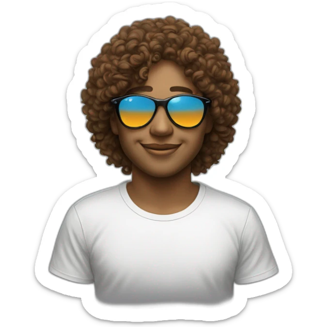 skyline by the ocean with curly brown hair, peuple sunglassees and black tee short with an orange flower on the back of the tee shirt sticker