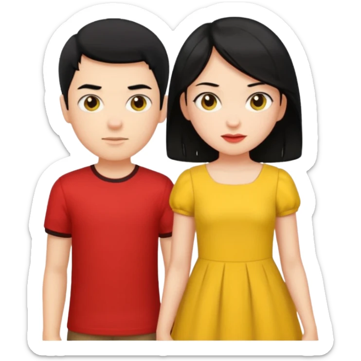 a boy with black hair and red shirt is between the legs of a girl with black hair and yellow dress sticker
