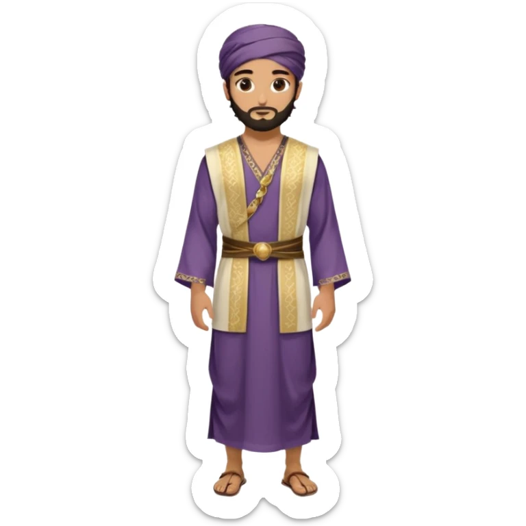 
-Apariencia: Joven de unos 25-30 años, atractivo,.
-Rostro: Ojos oscuros, piel ligeramente morena, rasgos árabes finos.
-Cabello: Negro, algo rizado o suelto, con barba fina.
-cuerpo entero  puede llevar una túnica más oriental, con faja y turbante sencillo con sandalias sticker
