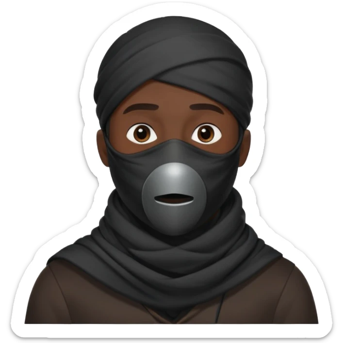 Unrevealed mysterious man in dark clothing with a dark scarf over his mouth and nose visible from the waist up sticker