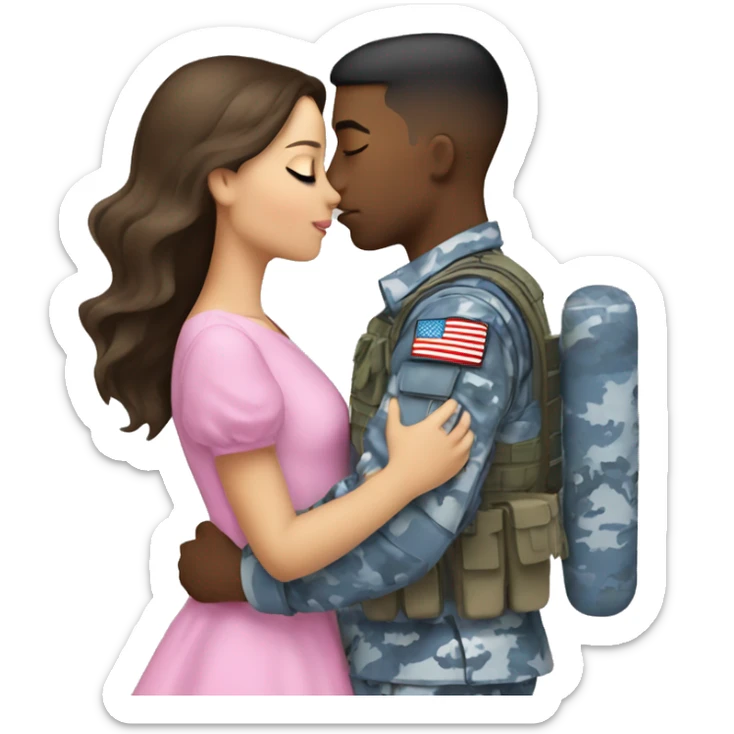 Brunette girl wearing a pink dress kissing a solider boy in blue camouflage  sticker