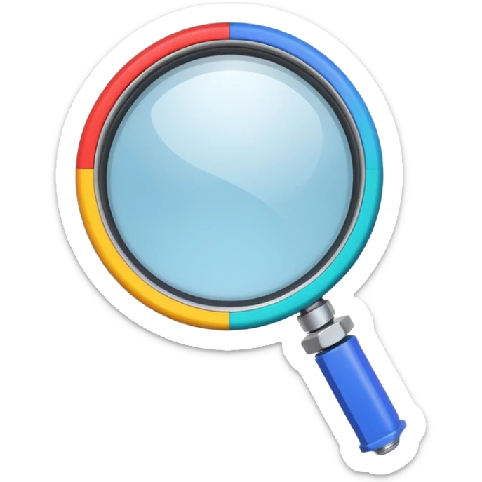 mechanical magnifying glass with industrial look, bolts and screws, colorful and minimal, emoji style, no text sticker