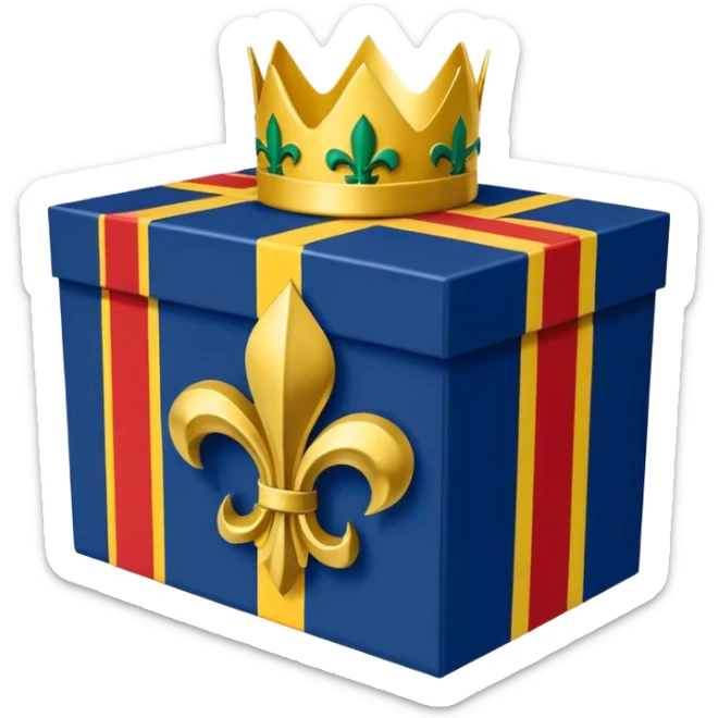 Louisiana Creole flag in 4 boxes: gold fleur-de-lis on deep blue/black; green, yellow, red stripes in upper right and lower left with green star in upper right; yellow castle on red in lower right. Flat vector, clean, high contrast, clear at small size. sticker