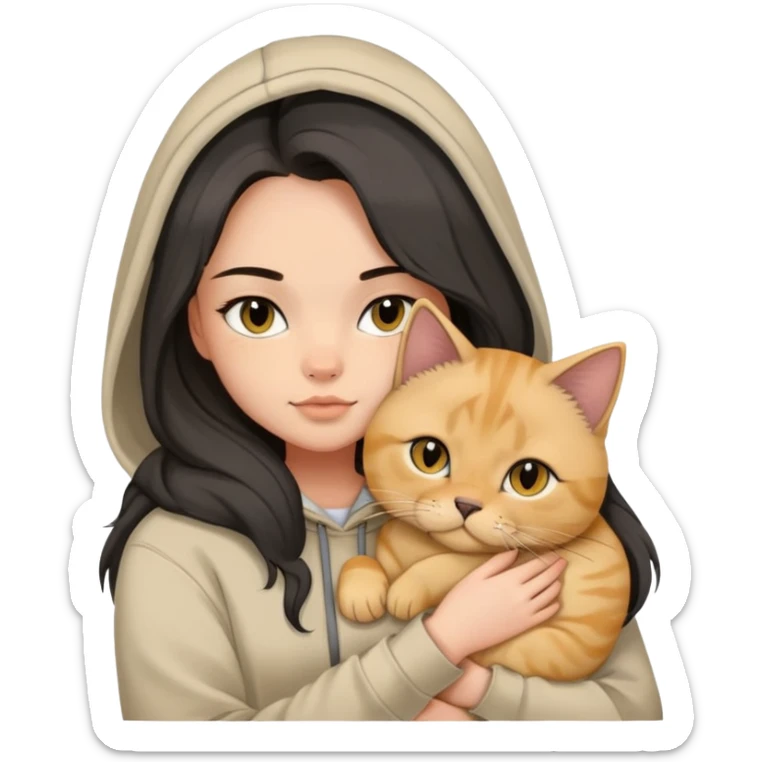  girl black balayage long hair beige hoodie cuddling a british shorthair golden cat sticker