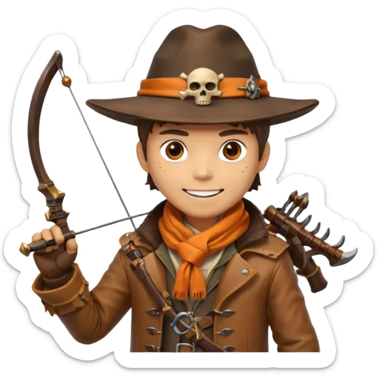 male human monster hunter emoji, wearing brown leather coat and wide hat, holding crossbow, with amulet shaped like skull, Halloween fantasy theme, confident smile, orange scarf, Apple emoji style, clean white background, square image sticker