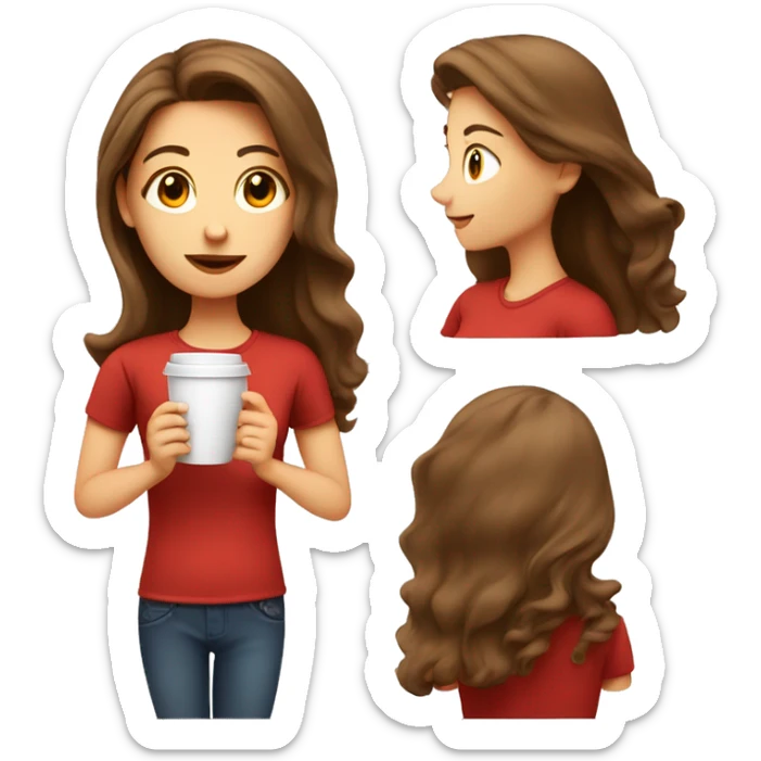 barista girl in a red t-shirt with long brown hair, with a cup of coffee in a hand sticker