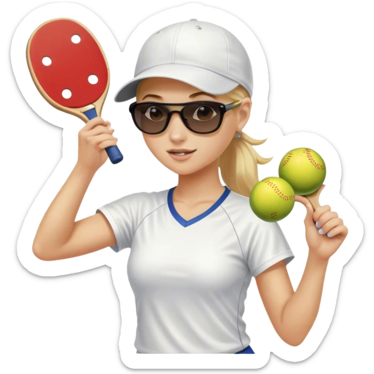 Girl with blond hair in a ponytail wearing a white baseball cap and sunglasses playing pickleball sticker