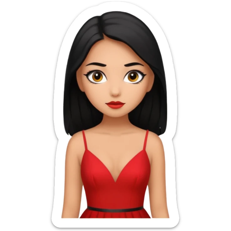 Chica con delineado con vestido rojo escotado en la espalda y pelo semi largo negro  sticker