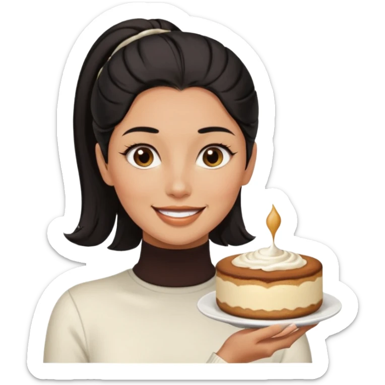  tan skin woman with long face, and short black hair slicked back ponytail with forehead showing, wearing white turtleneck shirt, eating tiramisu smiling with middle parted hair sticker