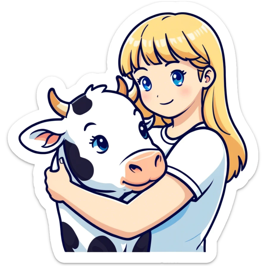 Woman whit hair long and blonde bangs in front, blue eyes, white t shirt hugging a cow sticker